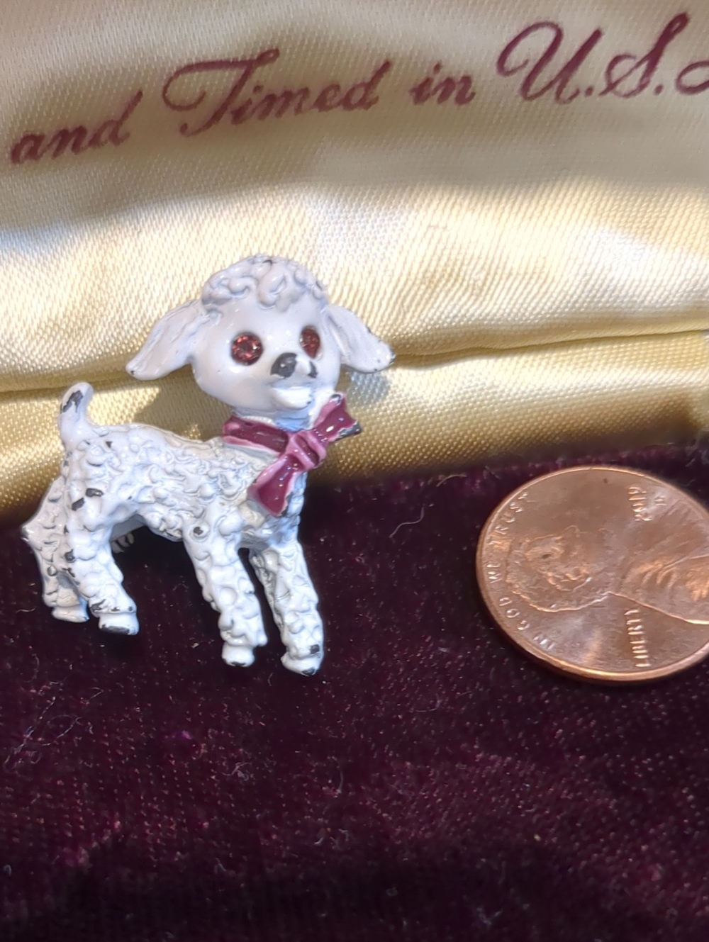 Vintage White Poodle Figurine Pin with Pink Bow